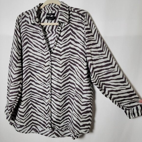 Tahari Linen Zebra Animal Print Beachy Long Sleeve Roll Tab Button Up Shirt L - Picture 5 of 10